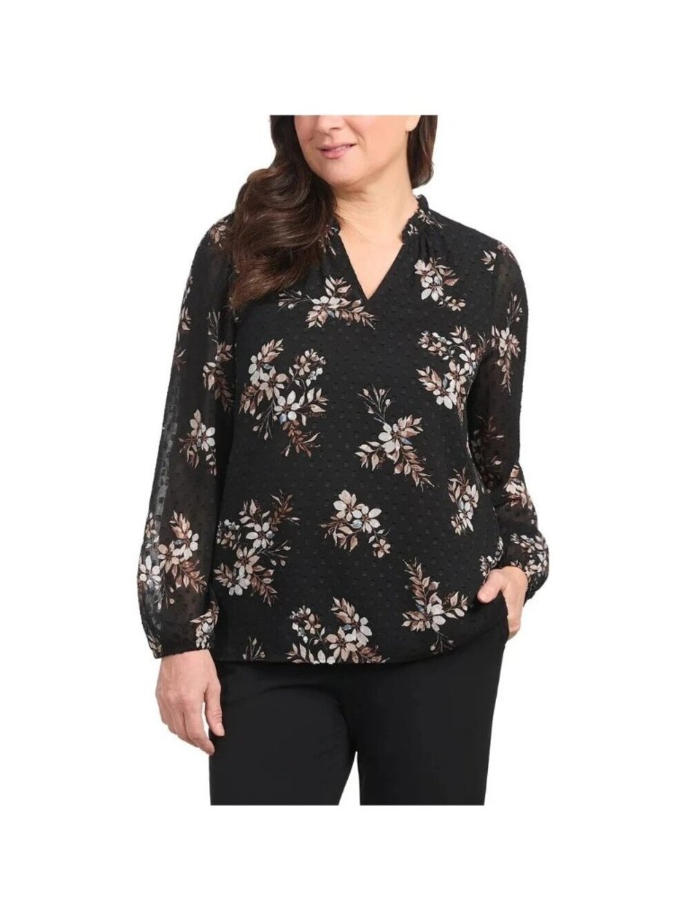 NWT Hilary Radley Women's Size M Floral  Black Long Sleeve Chiffon Blouse P0618
